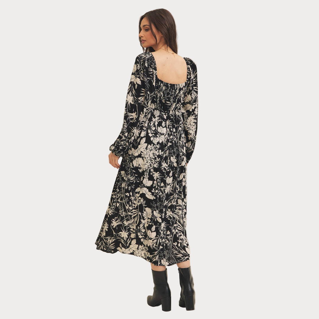 Black Floral Print Midi Dress | Long Bishop Sleeve Boho Dress