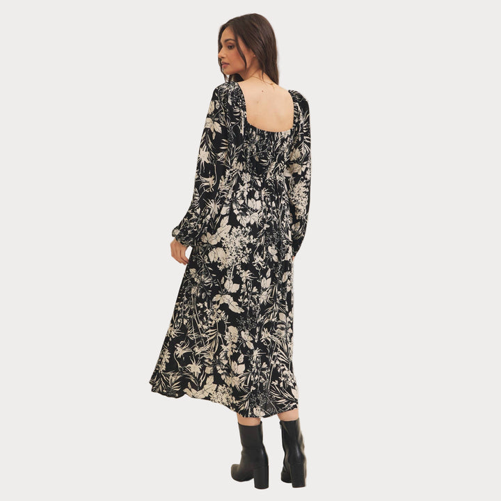 Black Floral Print Midi Dress | Long Bishop Sleeve Boho Dress