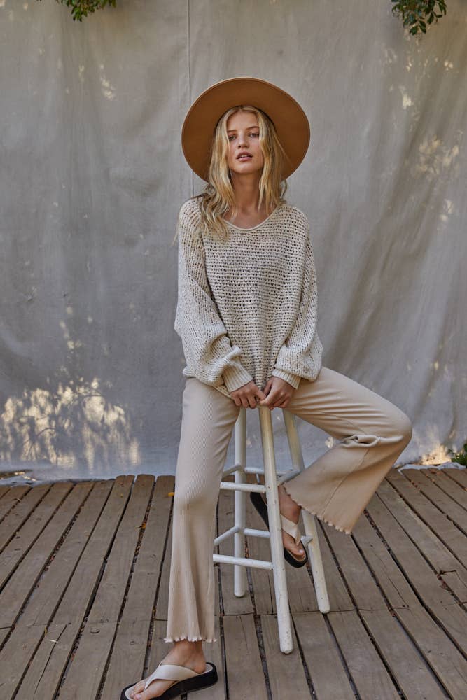 W1106 | Sweater Knit Crochet Round Neck Long Sleeve Top