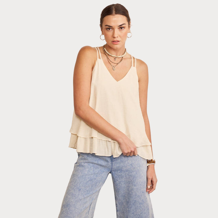 Double Strap Layered Cami | Cream V-Neck Tiered Tank Top