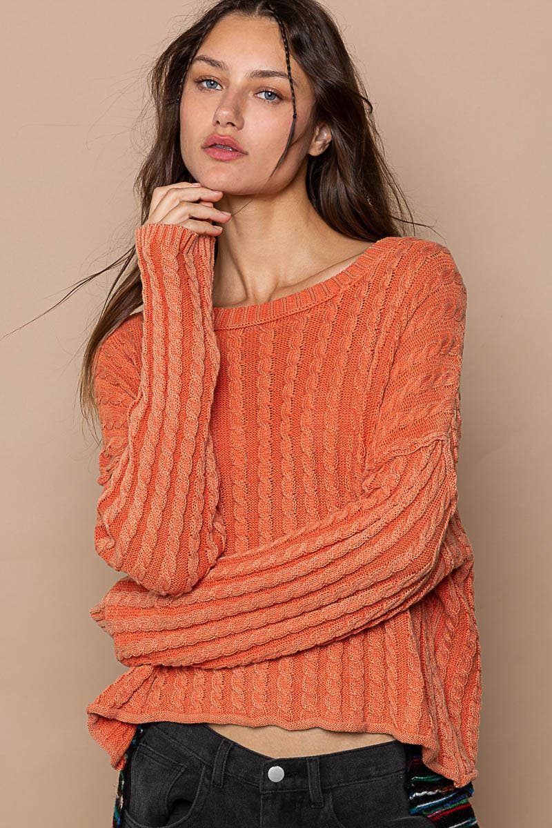 Round neck twisted weave vintage wash pullover sweaters