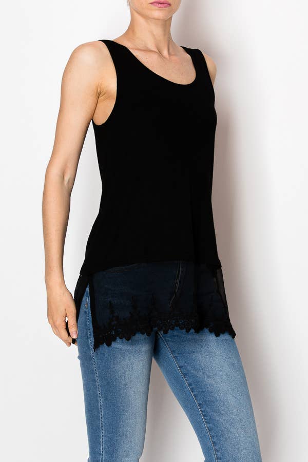 Soft Relaxed Tank With Delicate Floral Laced Hem - T08BK