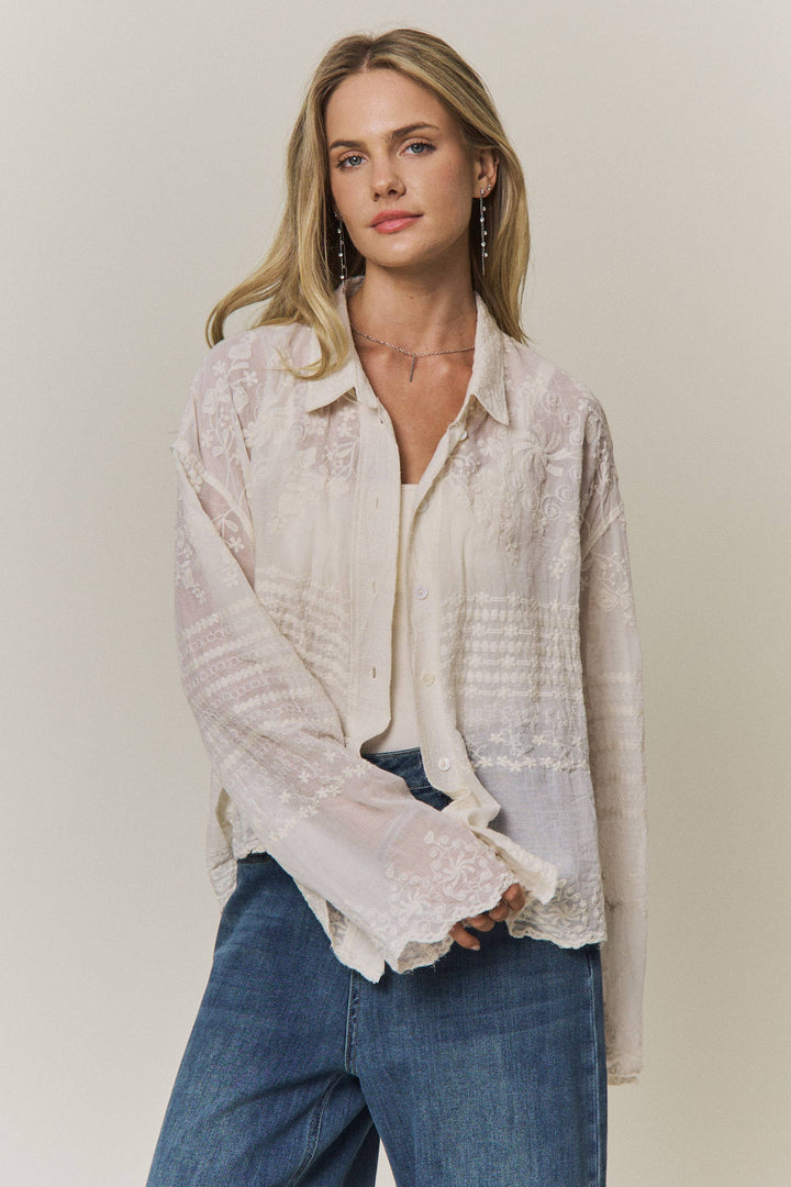 Woman wearing a light-colored lace embroidered blouse and blue jeans against a plain background