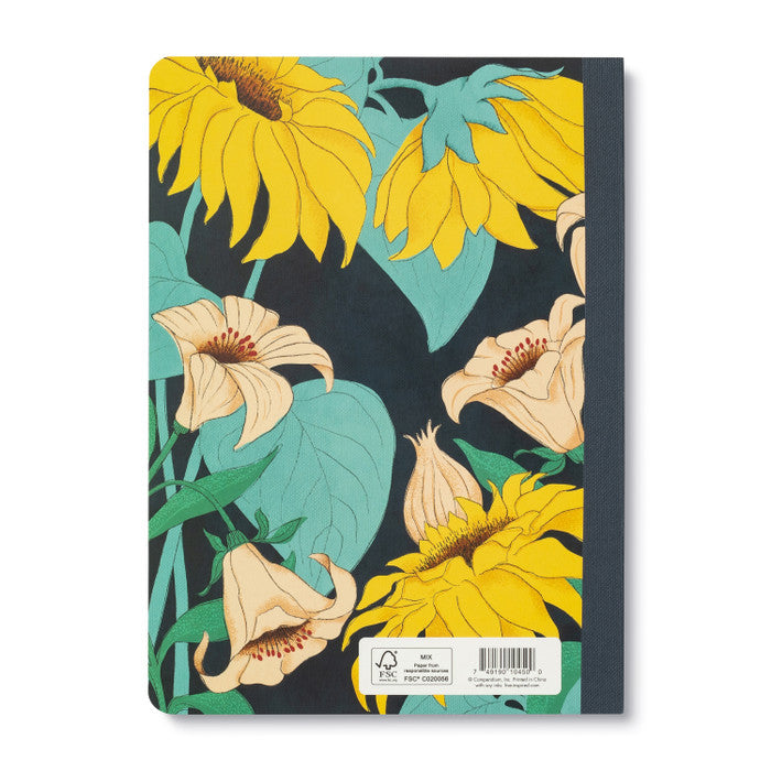 Floral notebook cover with sunflowers and green leaves on a dark background
