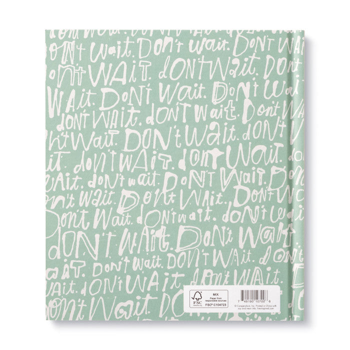 Back of book with 'Don't Wait' text on a light green background