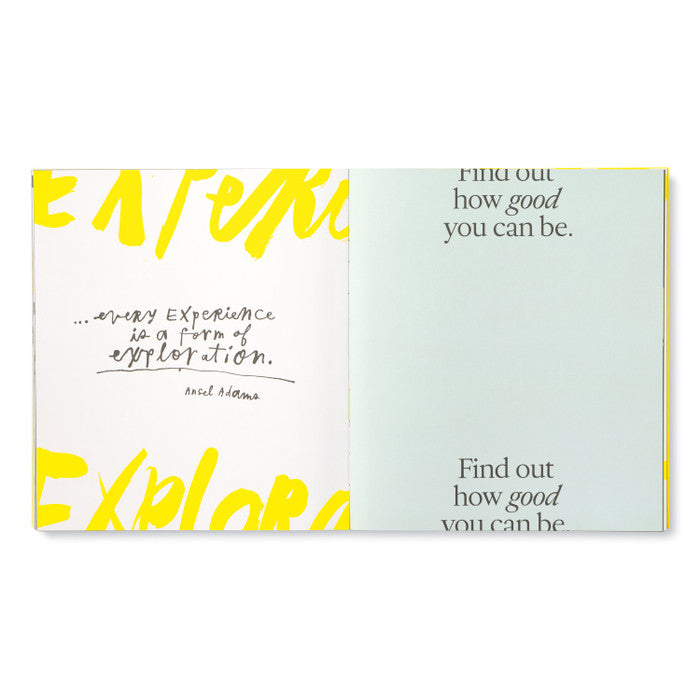 Open book with motivational text on a white background