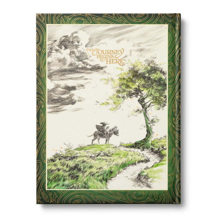 Book back with a landscape illustration and text 'The Journey Begins Here' on a white background