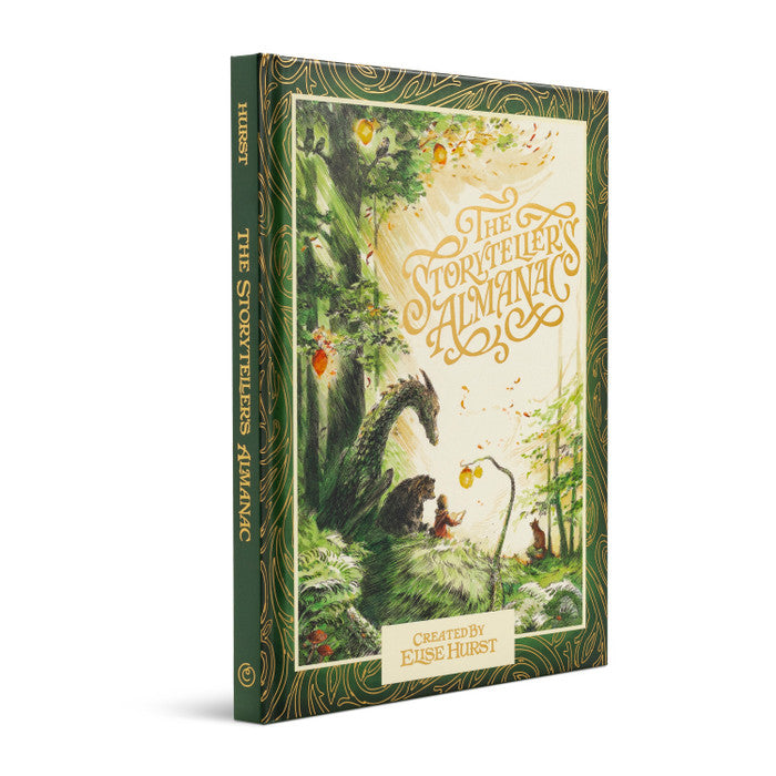 Book titled 'The Storyteller's Almanac' with a green and gold cover featuring a dragon and forest scene.