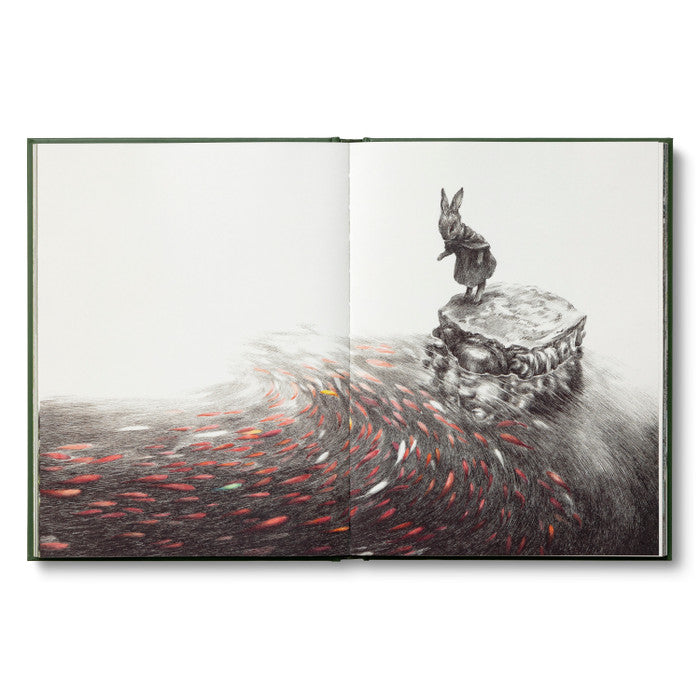 Framed artwork of a rabbit standing on a stump with swirling red and black patterns below.