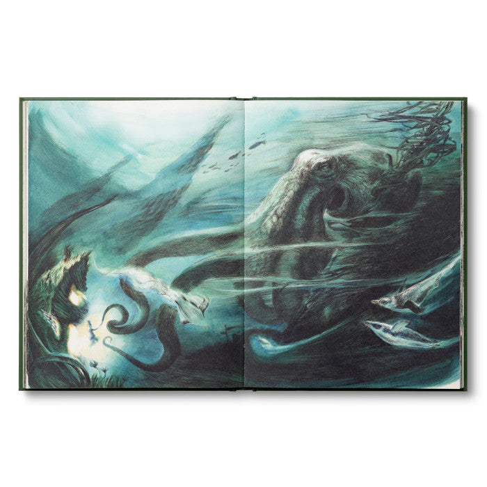 Open book with underwater scene illustration featuring a large creature and fish.