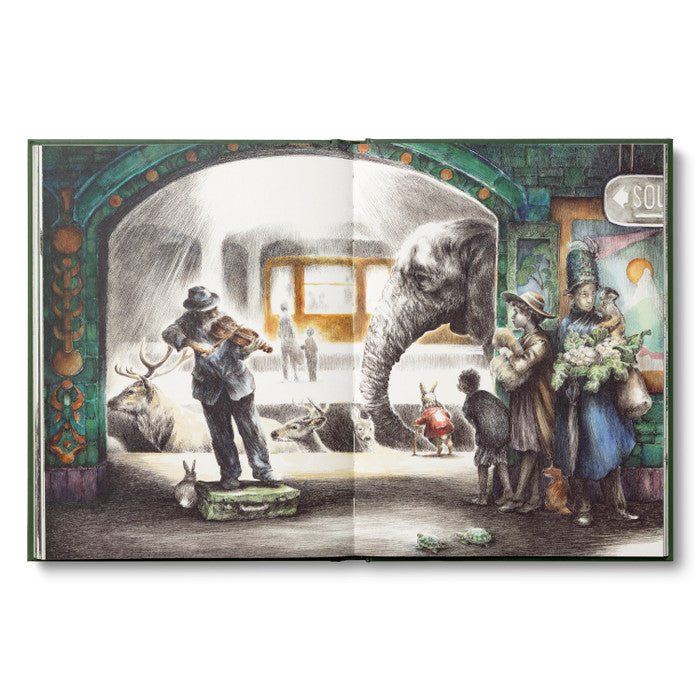 Illustrated book open to a page with a scene of people and animals in a train station.