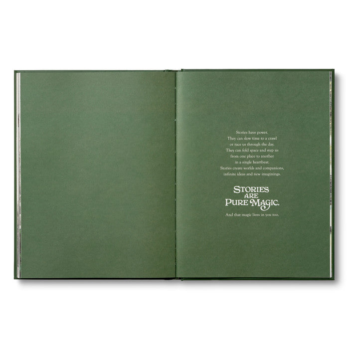 Open green book with text on a white background