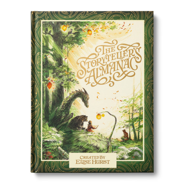 Book cover of 'The Storyteller's Almanac' with a dragon and child illustration on a white background