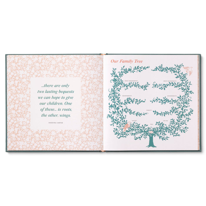 Open book with a family tree illustration and text on a white background