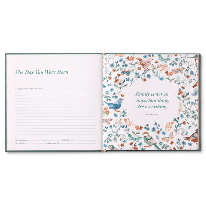 Open book with floral design and text on a white background