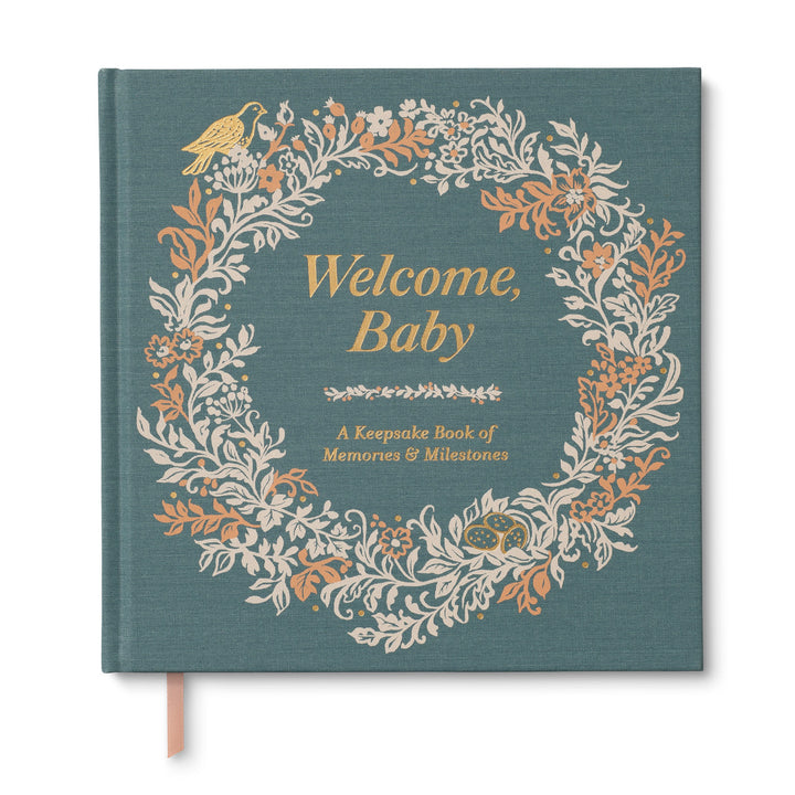 Book titled 'Welcome, Baby' with decorative wreath on a blue background