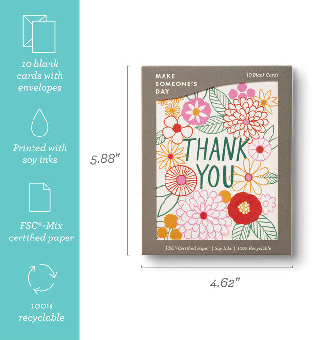 Packaging of blank cards with envelopes featuring a floral design and 'Thank You' text.