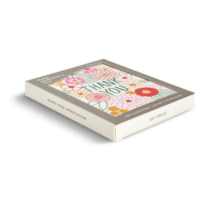 Box of greeting cards with floral design and 'Thank You' text on a white background