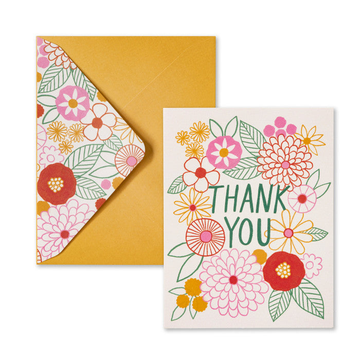Floral card with 'Thank You' text and matching yellow envelope on a white background