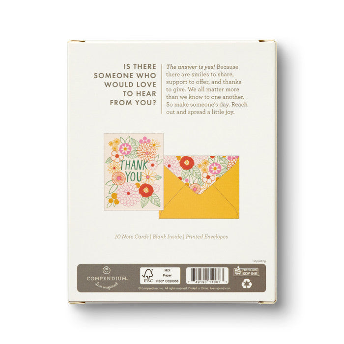 Box of Compendium note cards with floral designs on a white background