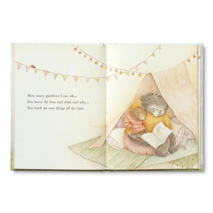 Illustrated book page with two bears in a tent reading a book, surrounded by string lights.