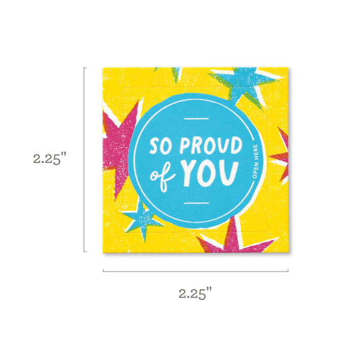 Motivational card with 'So proud of you' text on a yellow background with stars, dimensions indicated.