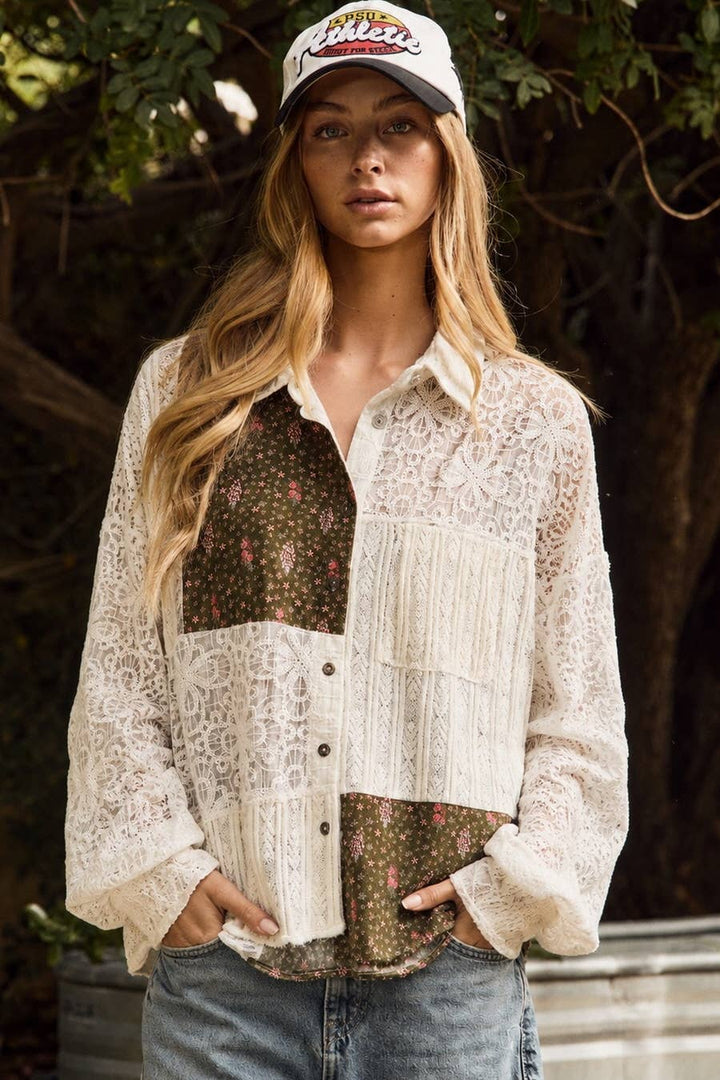 Plus Mixed Floral And Lace Shirt Jacket