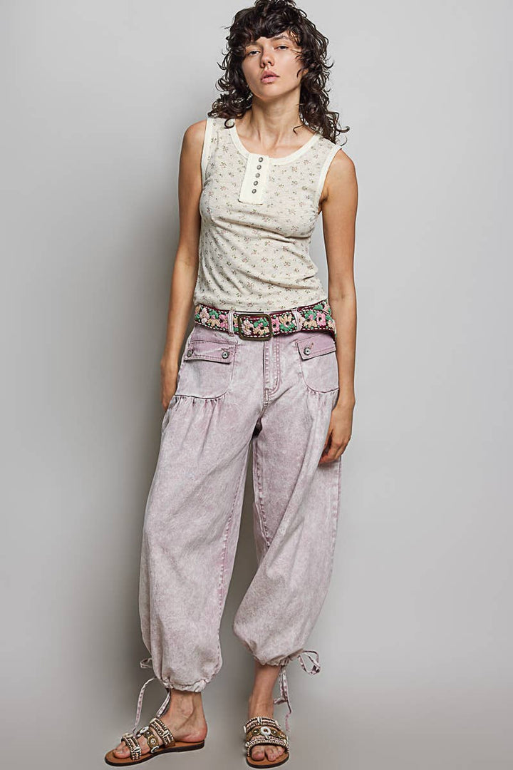 Floral Buttons Shirred Twill Wide Leg Jogger Pants