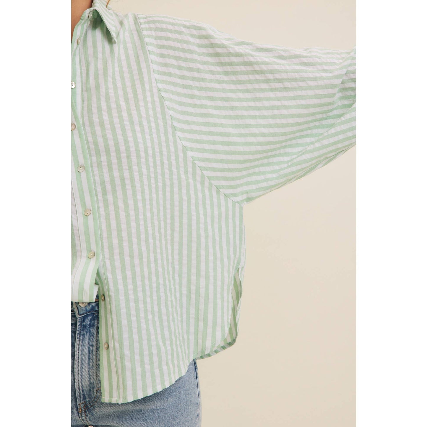 VOLUMINOUS SLEEVED BUTTON-DOWN COTTON STRIPE SHIRT