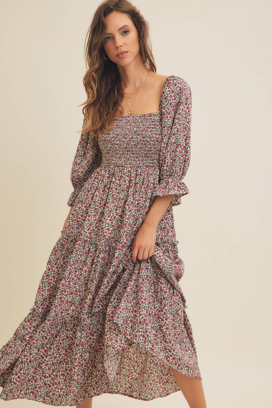 FLORAL SMOCKED MIDI DRESS WITH TIERED RUFFLES