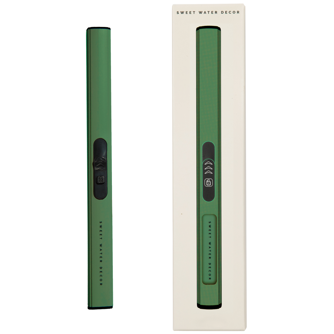 green USB rechargable lighter with a box on a white background