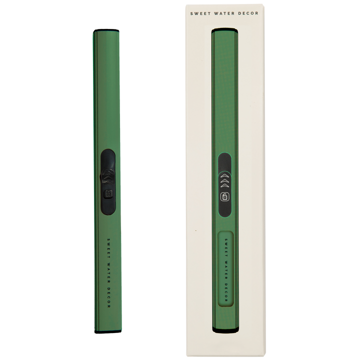 green USB rechargable lighter with a box on a white background
