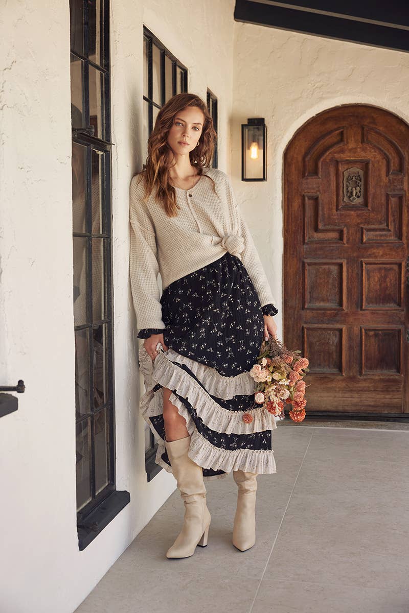KIND TO PLANET WAFFLE SWEATER TOP WITH EXPOSED SEAM