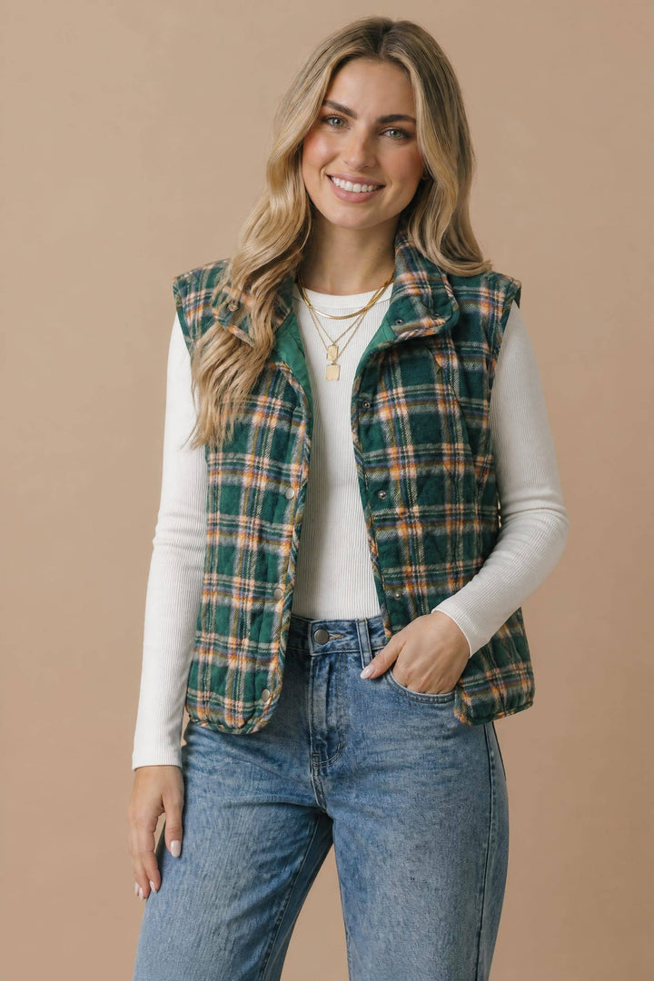 Snap Button Down Plaid Quilted Puffer Vest