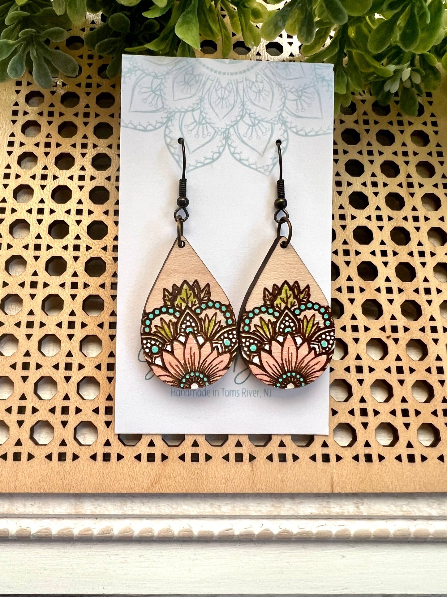 Wooden Earrings - Sunflower Mandala - Blush Pink