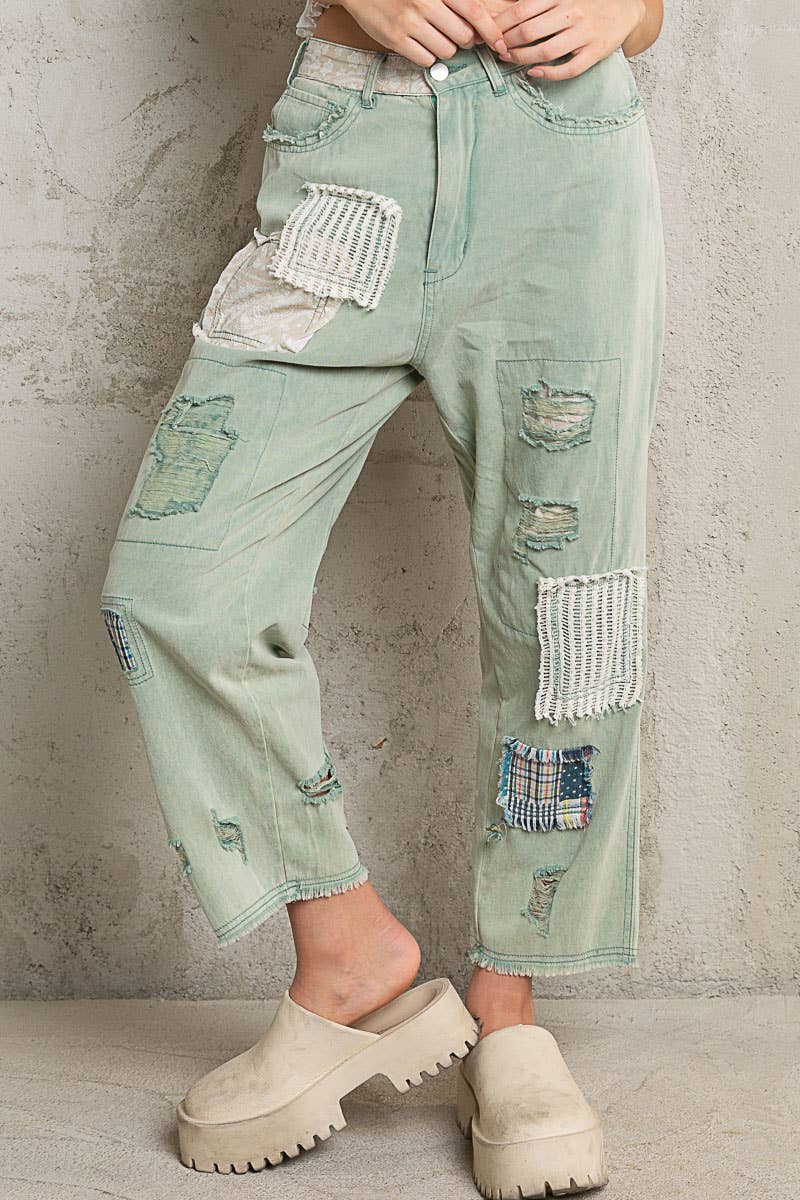 Patch work detail ankle length denim pants