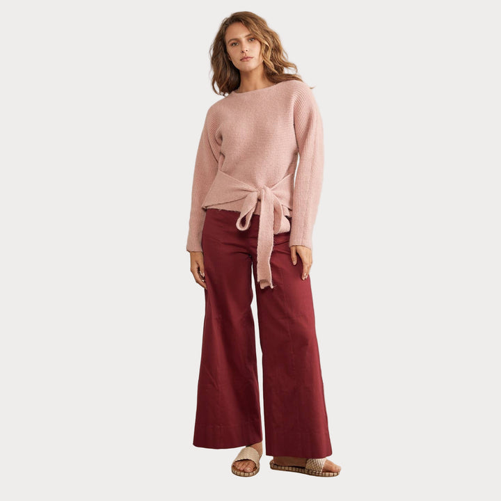 Blush Pink Tie-Front Sweater | Cozy Crewneck Knit Sweater