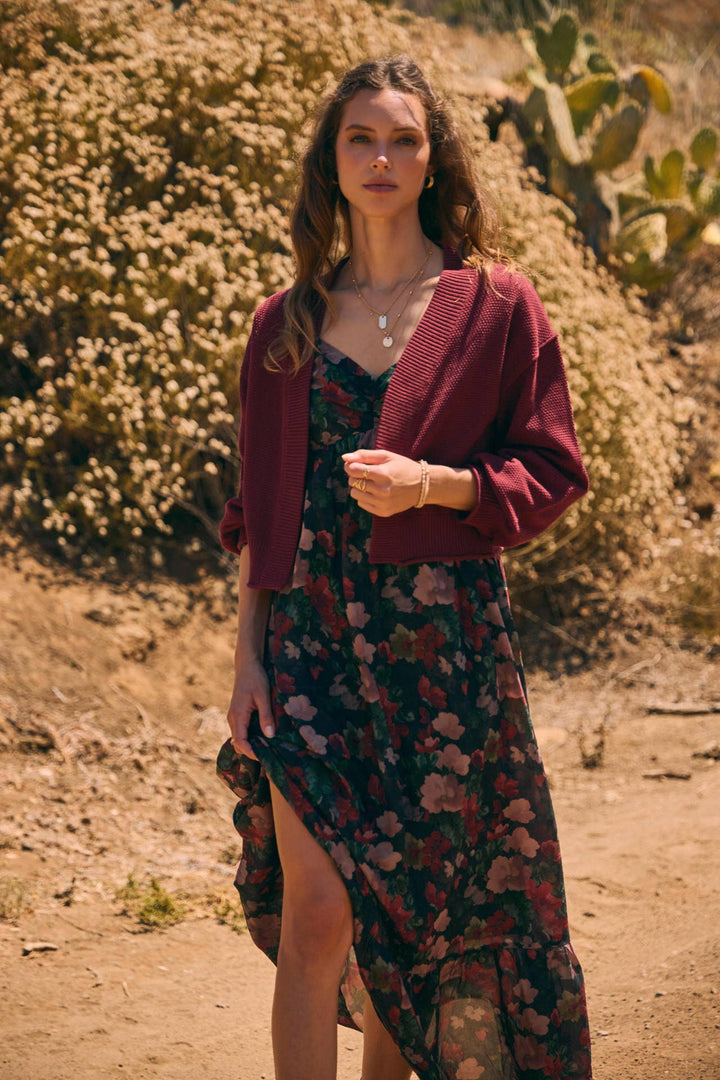 Waffle Knit Balloon Sleeve Cardigan | Cropped Sweater