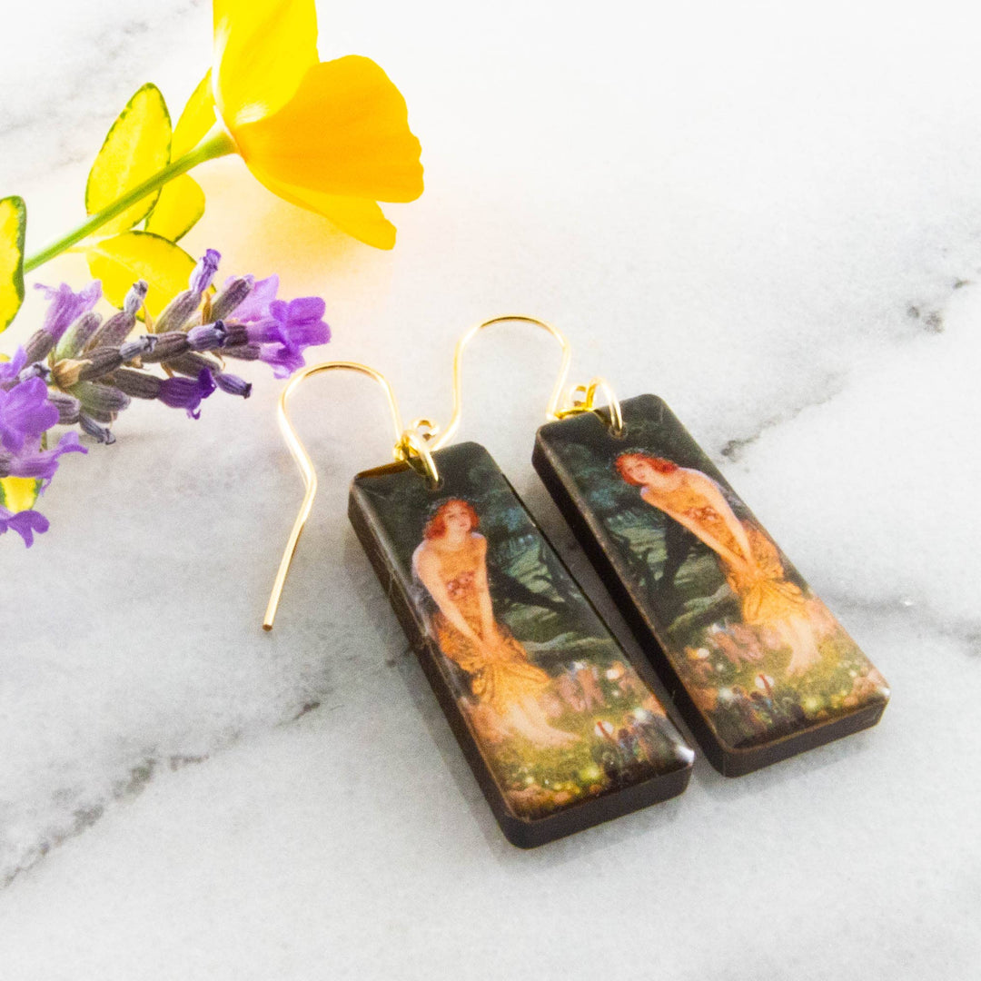 Midsummer Eve tapered rectangle wooden earrings with vintage enchanted woodland artwork and gold-filled ear wires