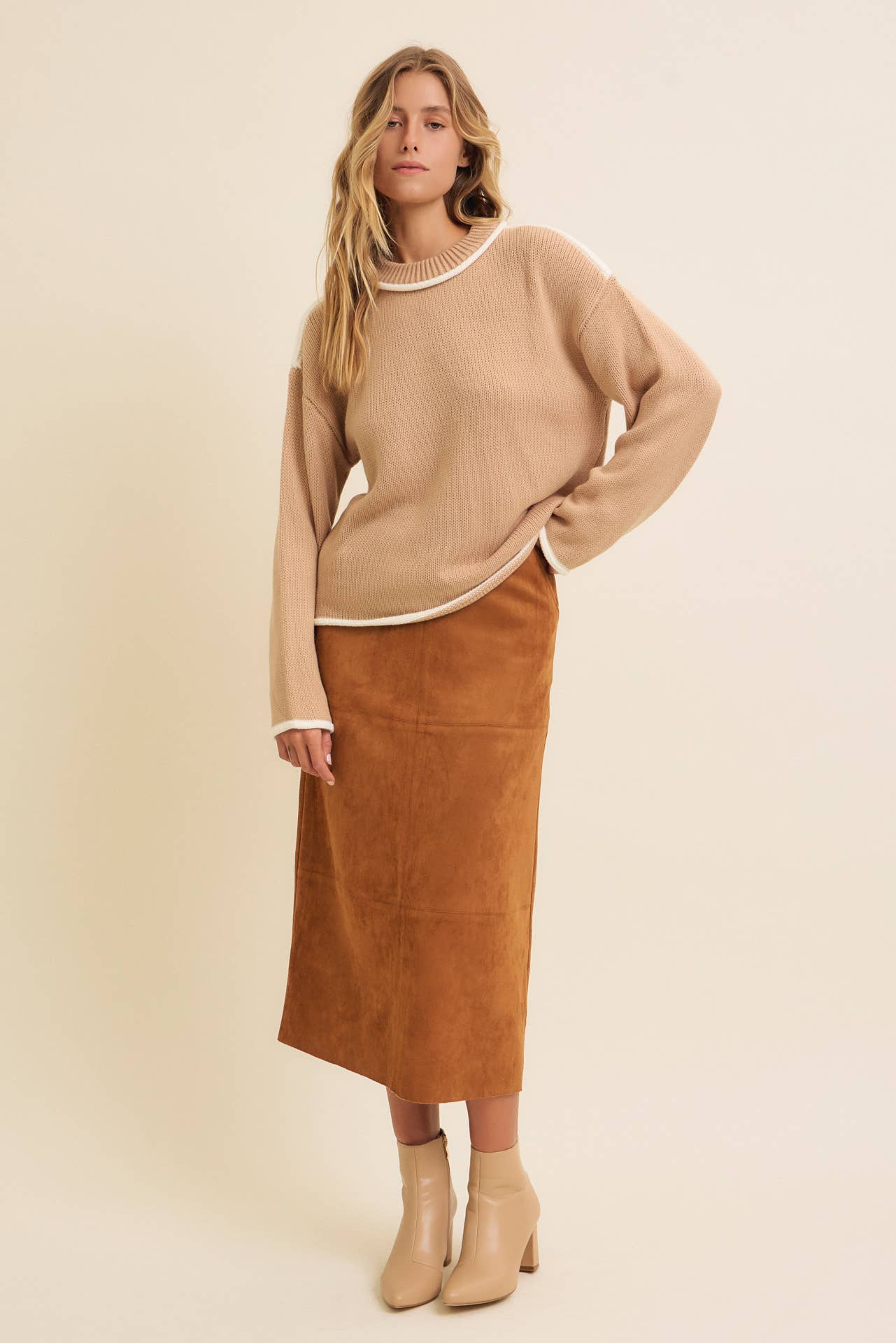 SUPER SOFT SUEDE GRID MIDI SKIRT WITH BACK SLIT