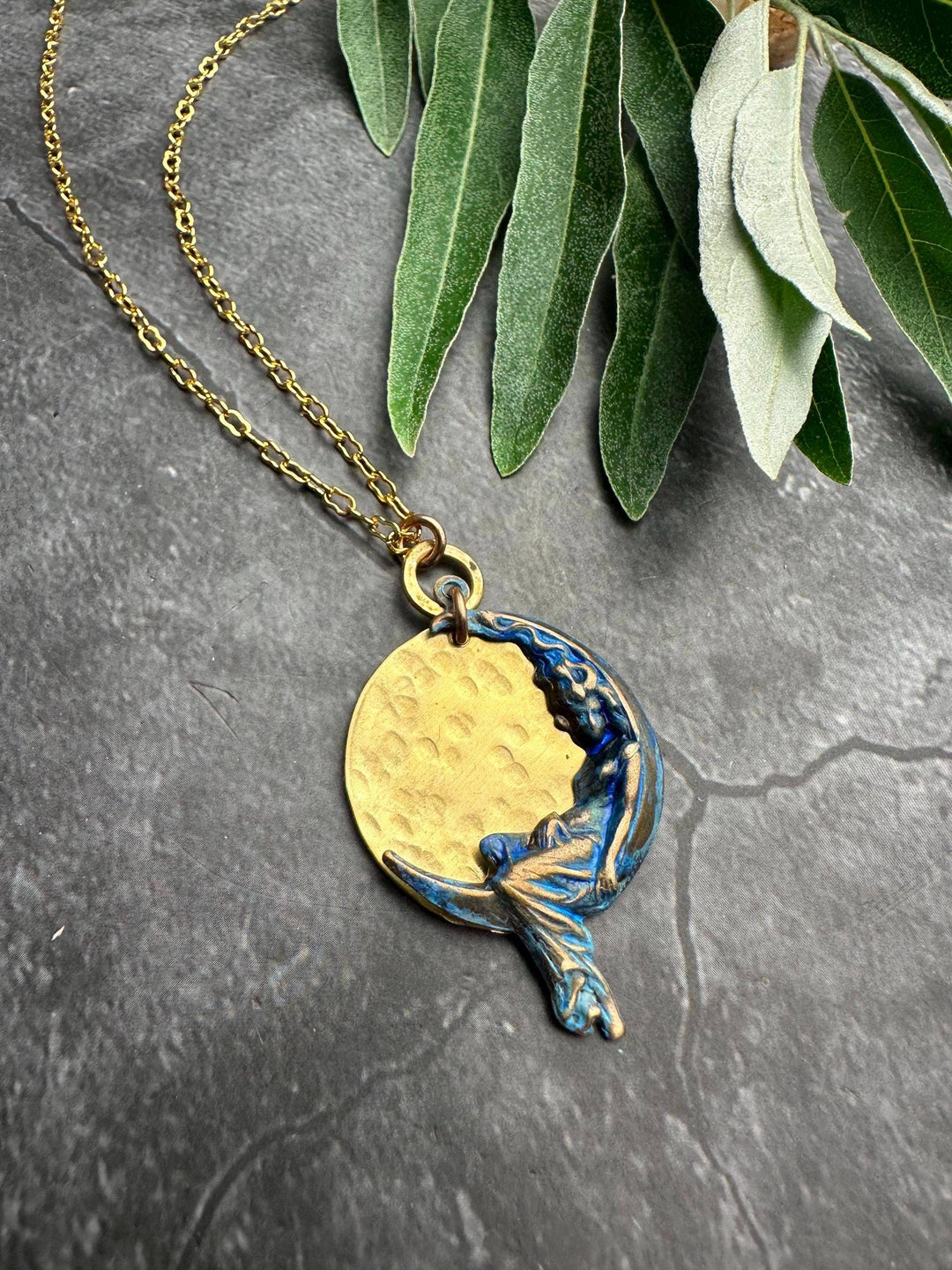 Moon Goddess Necklace, Celestial Brass Pendant with Blue Pat