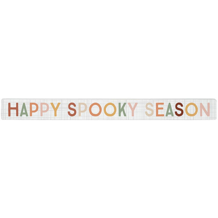 Decorative wooden block with 'Happy Spooky Season' text in fall colors, faded plaid background. Shown on a white background