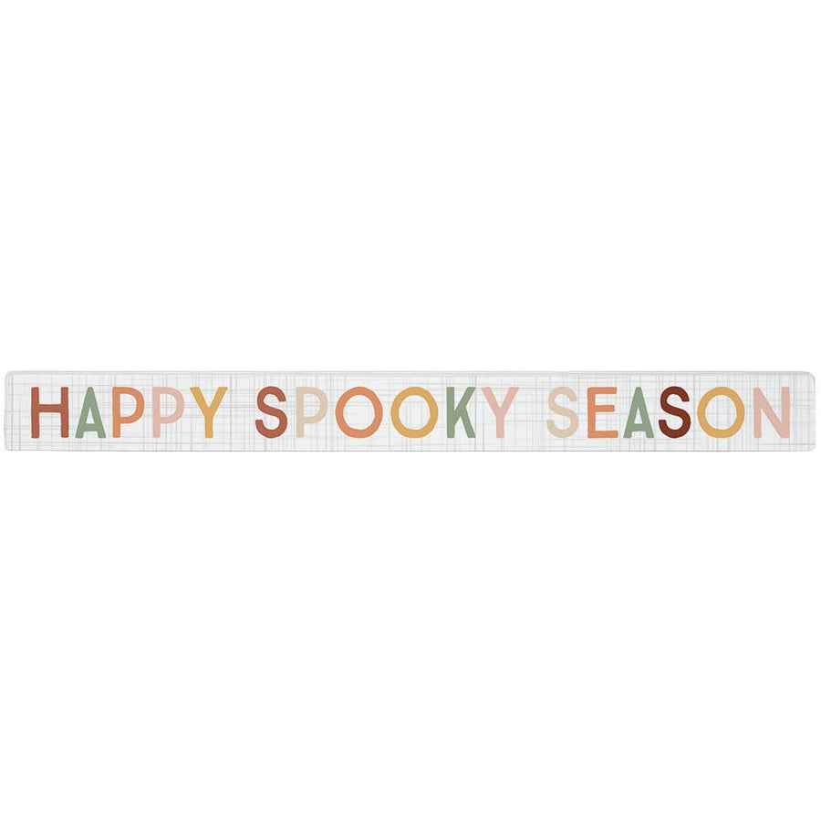 Decorative wooden block with 'Happy Spooky Season' text in fall colors, faded plaid background. Shown on a white background