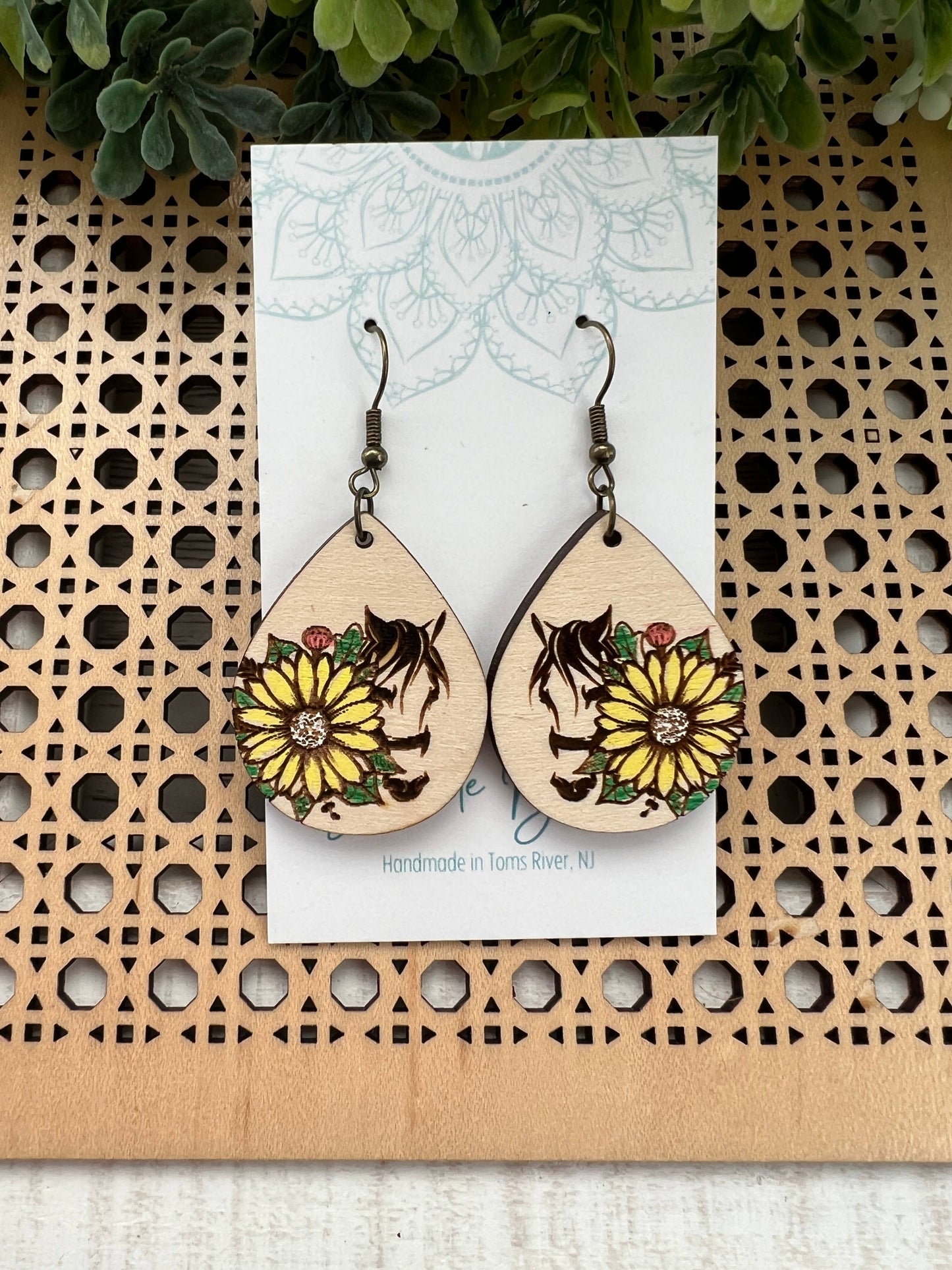 Wooden Earrings - Horse & Sunflower