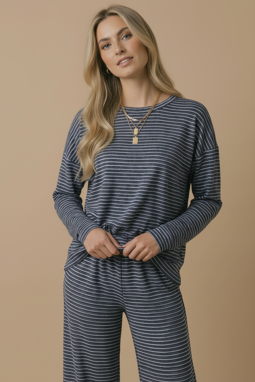 Round Neck Striped Oversized French Terry Top