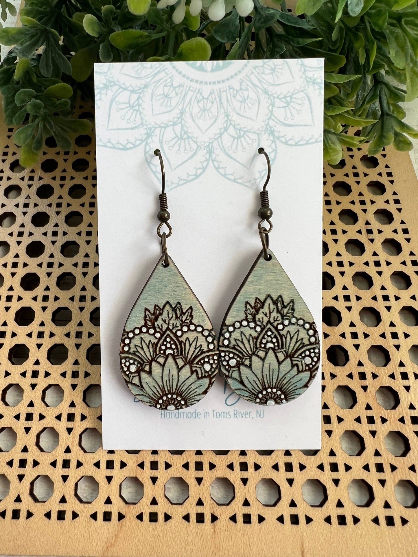 Wooden Earrings - Sunflower Mandala - Green