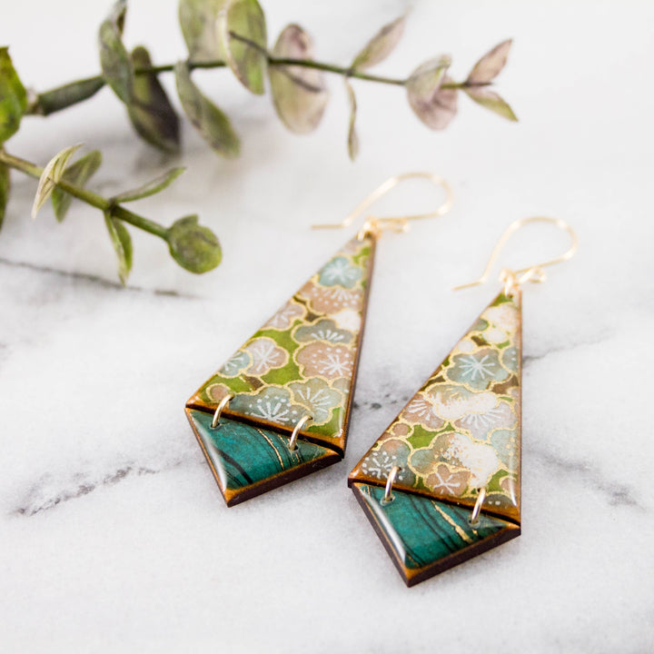 Green floral Japanese Yuzen double triangle wooden earrings with teal accents and gold-filled ear wires