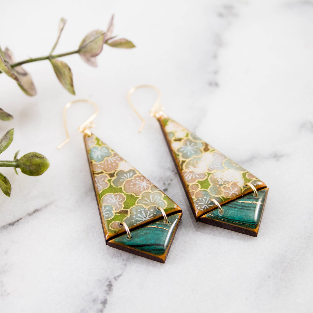 Green floral Japanese Yuzen double triangle wooden earrings with teal accents and gold-filled ear wires
