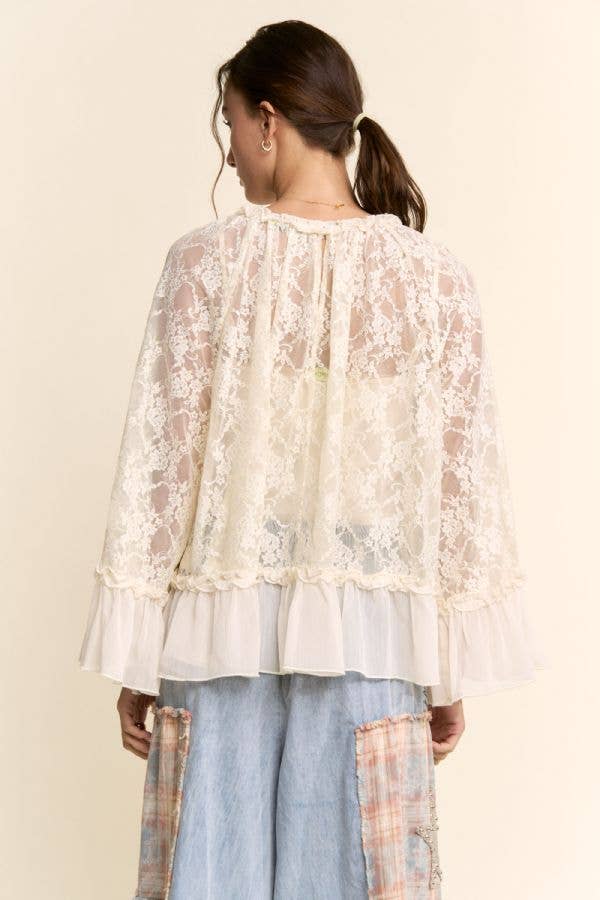 Sheer Lace Bell Sleeve Blouse