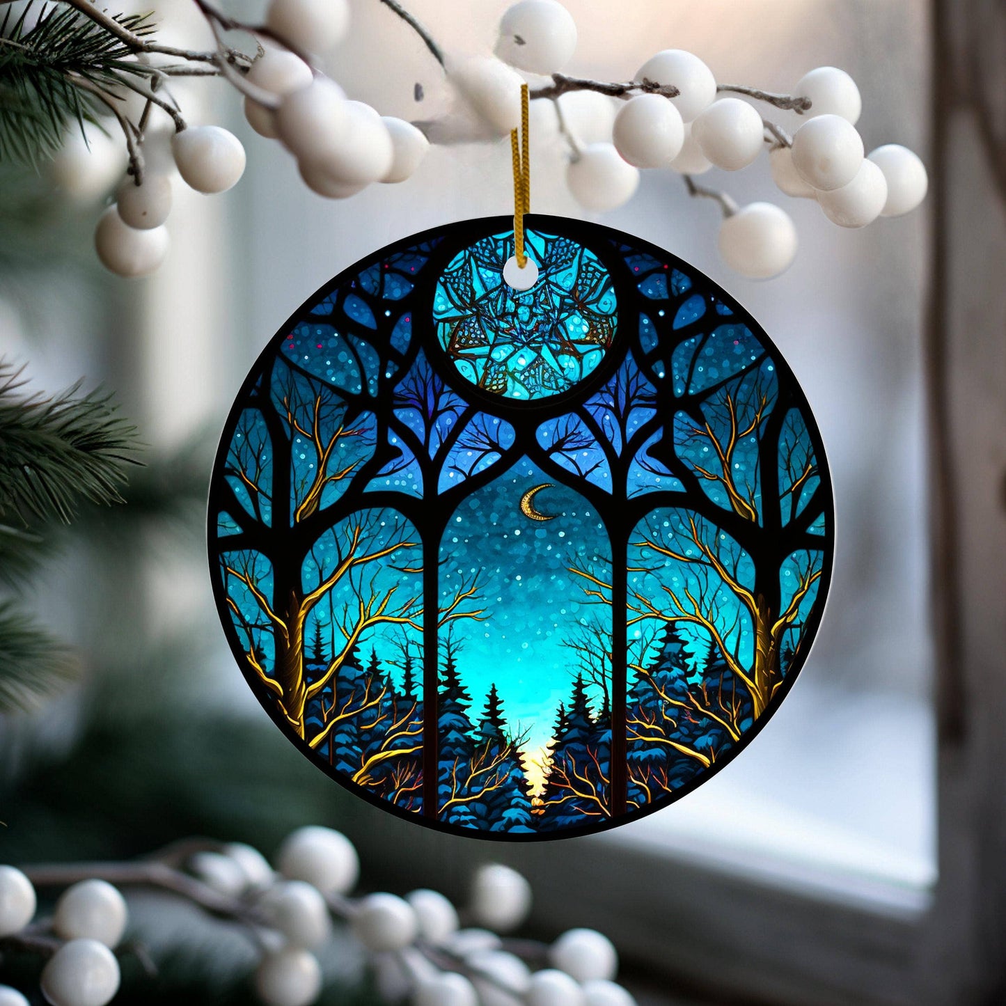 Winter Night Ceramic Ornament with Stained Glass Design